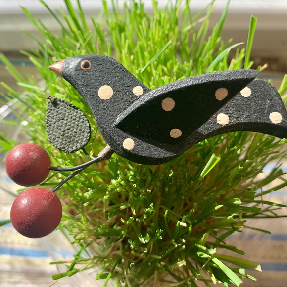 Rare Vintage 70's Painted Black Polka Dot Bird & Cherries Brooch - Handmade - Picture 4 of 9